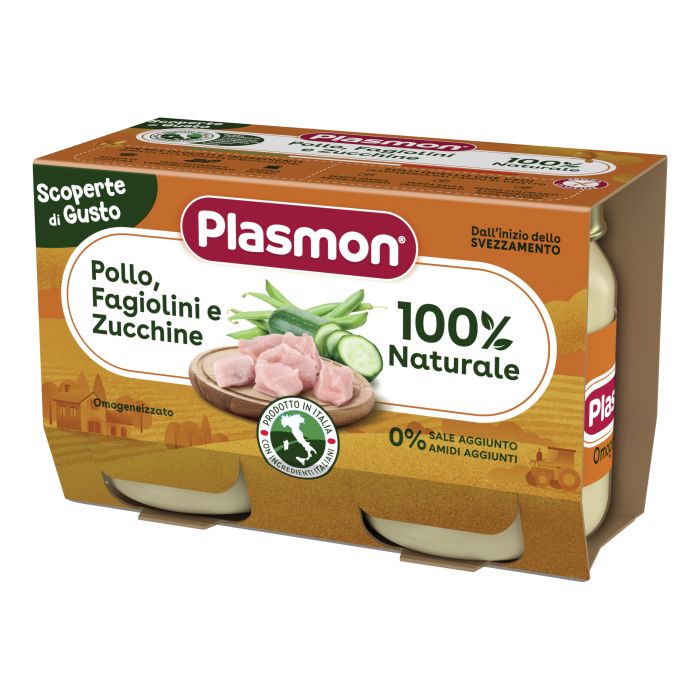 Plasmon Omogeneizzato Scoperte Di Gusto Pollo, Fagiolini e Zucchine, Confezione da 2x120g